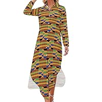African Kente Pattern Women's Shirt Dress Long Sleeve Button Down Shirts Dress Casual Loose Maxi Dresses