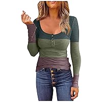 Color Block Womens Shirts Scoop Neck Henley Shirt Casual Long Sleeve Slim Fit Tops 2023 Fashion Ribbed Clothes