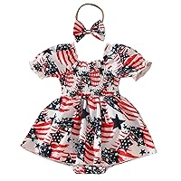 IMEKIS Newborn Baby Girl Patriotic Outfit First 4th of July Romper Dress with Headband Cake Smash Photo Shoot