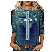 Christian Shirts for Women Faith Cross Graphic 3/4 Sleeve Tops Spring Crew Neck Blouses Religious Easter Gifts Tunic Tshirt