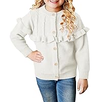rrhss Girls Long Sleeve Cardigan Sweaters Kids Crewneck Button Cable Knitted Outwear Sweater with Ruffle Edge 5-14 Years