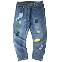 Harajuku Jeans，Men Ripped Hole Patch Summer Casual Pants Streetwear