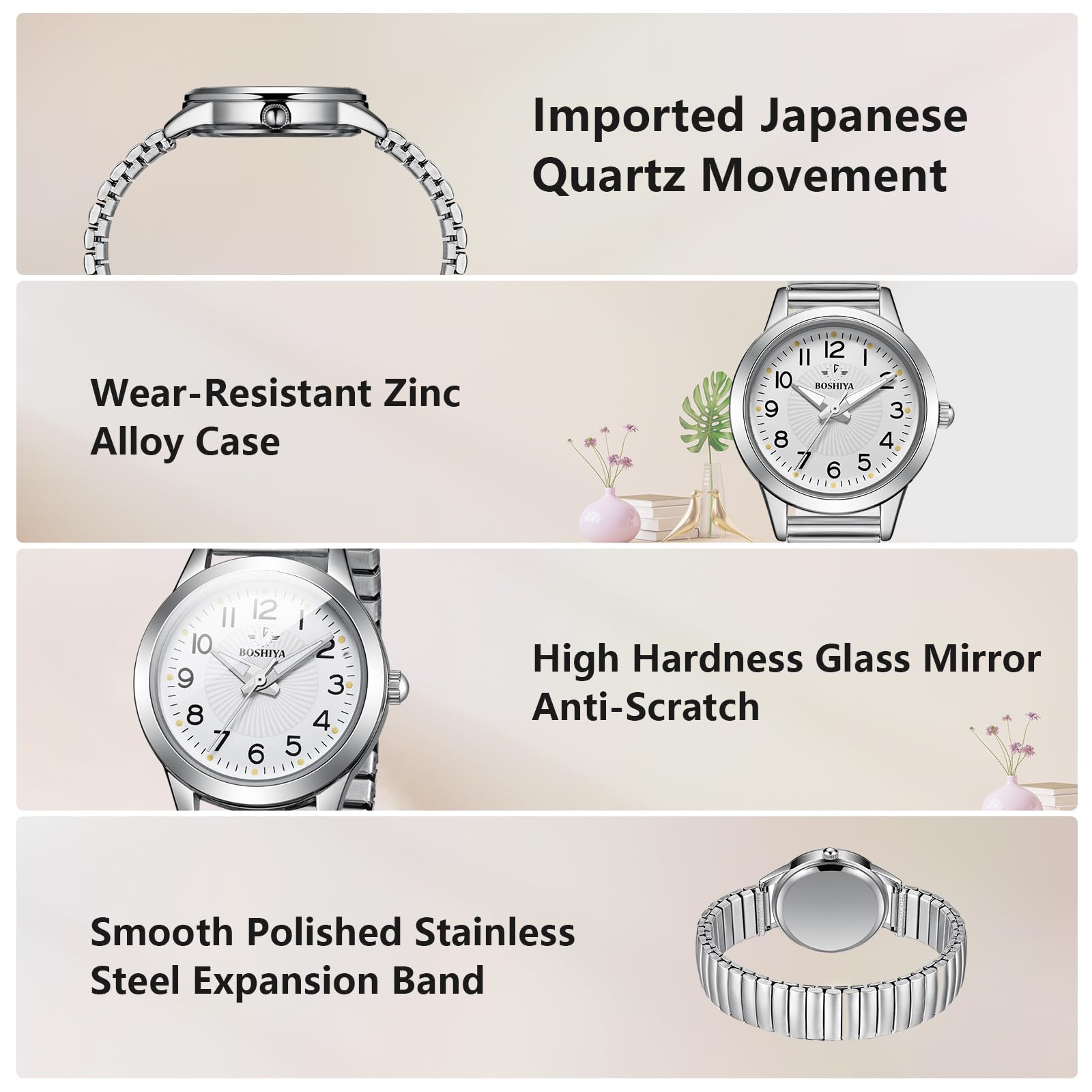 BOSHIYA Watches for Women Stretch Band 30mm Watch Ladies Analog Quartz Stainless Steel Expansion Band Watchs Waterproof Wristwatch for Small Wrist Silver Gold