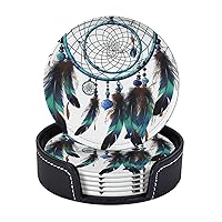 Drink Coasters Set of 6 Native American Dream Catcher Coasters for Coffee Table Absorbent Leather Coasters for Drinks with Holder Cup Coaster Set Decor for Bar