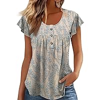 Women's Summer Top, Ruffled Short Sleeved Pleated Button Round Neck Shirt Casual Loose Women's Tunic Top 2024 Fashion Trend