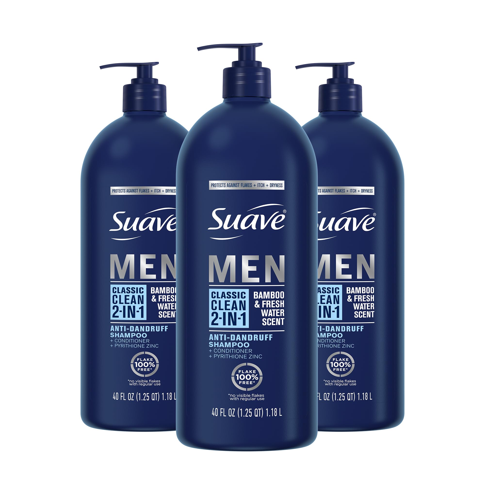 Suave Men 2 in 1 Anti Dandruff Shampoo and Conditioner, Classic Clean with Bamboo scent, 40 oz Pack of 3