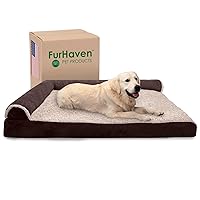 Furhaven Memory Foam Dog Bed for Large Dogs w/ Removable Bolsters & Washable Cover, For Dogs Up to 125 lbs - Two-Tone Plush Faux Fur & Suede L Shaped Chaise - Espresso, Jumbo Plus/XXL