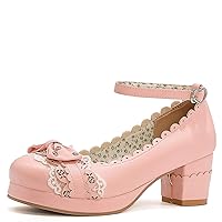 Women Block Heels Ankle Strap Lace Maid Mary Jane Pumps Fashion Rivets Sweet Bownot Platform Lolita Princess Single Shoes