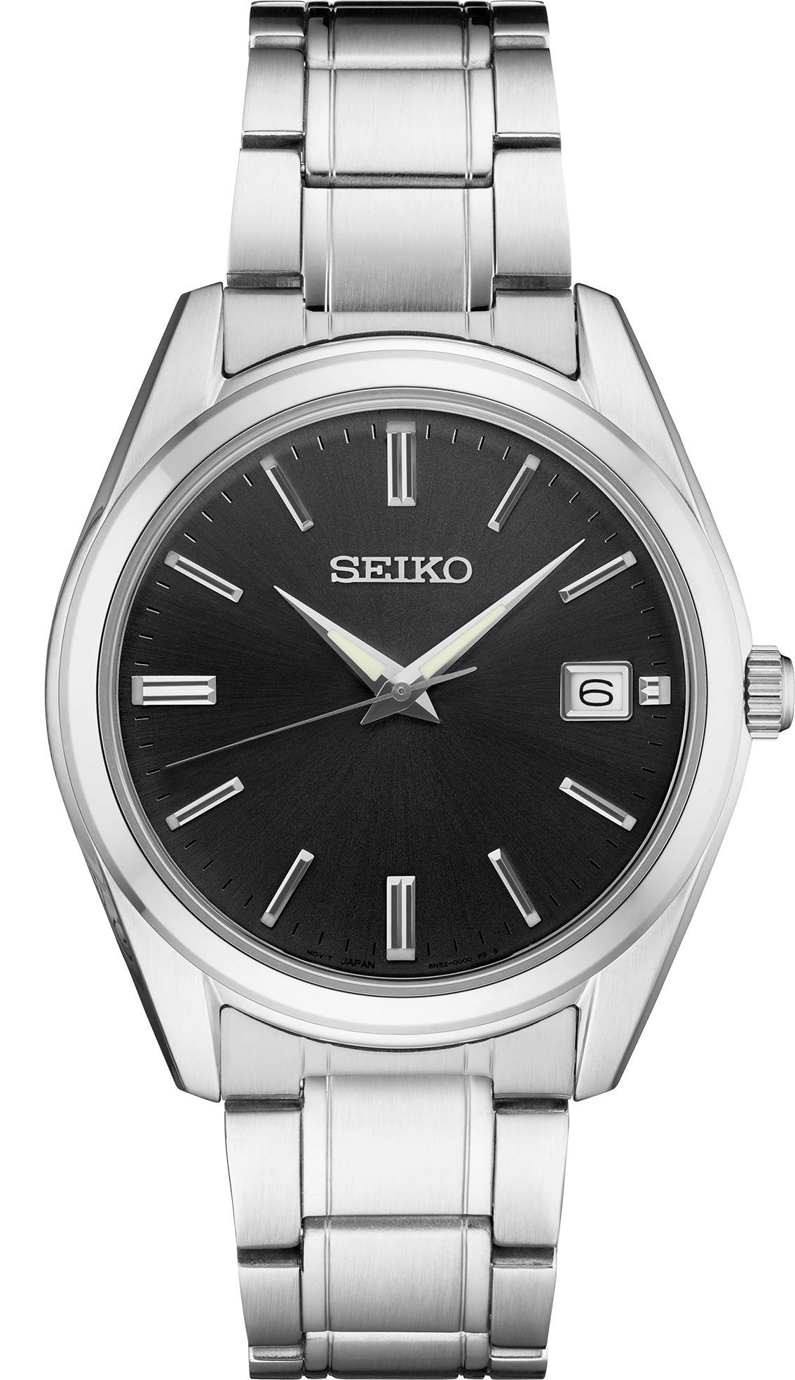 SEIKO SUR311 Watch for Men - Essentials Collection - Black Dial, Date Calendar, LumiBrite Hands, Stainless Steel Case & Bracelet, and 100m Water Resistant