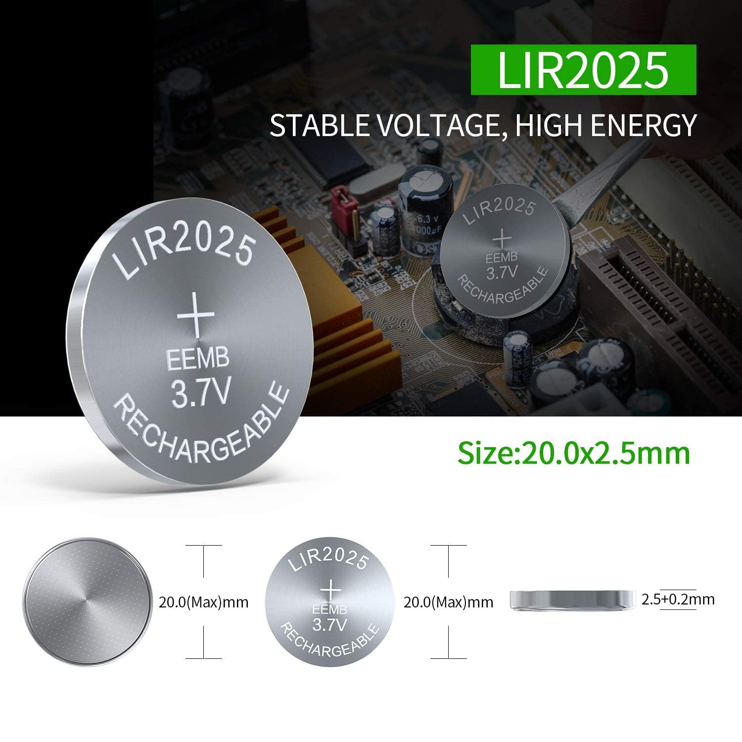 10PCS EEMB LIR2025 Rechargeable Battery 3.7V Lithium-ion Coin Button Cell Batteries 40mAh