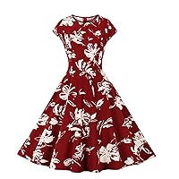 Women's Vintage Tea Dress Floral Print A-Line Pleated Prom Evening Dress Swing Cocktail Party Dress with Cap-Sleeves