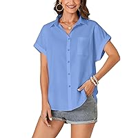 Women's Button Down Shirt Short Sleeve V Neck Collared Office Blouses Top with Pocket