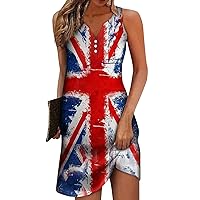 Summer Dresses for Women 2024 4th of July Sexy V Neck Sleeveless American Flag Patriotic USA Stars Casual Soft Dress