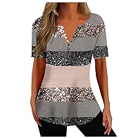 Womens Henley V Neck Casual Blouses Button Down T Shirts Glitter Printed Flare and Flowy Tops Loose Fit T Shirts