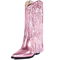 MUCCCUTE Women's Fringe Western Cowboy Boots Metallic Cowgirl Mid-Calf Boots Pointed-Toe Chunky Block Heel Fashion Party Boots for Ladies with Tassel