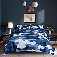 Holawakaka Full Size Camouflage Bedding Comforter Set with Sheets,Boys Girls Men Camo Bed in A Bag 5 Pieces,Kids Teens Dorm Bed Sets Neutral Farmhouse Lodge Cabin Army Bedspread (Blue, Full)