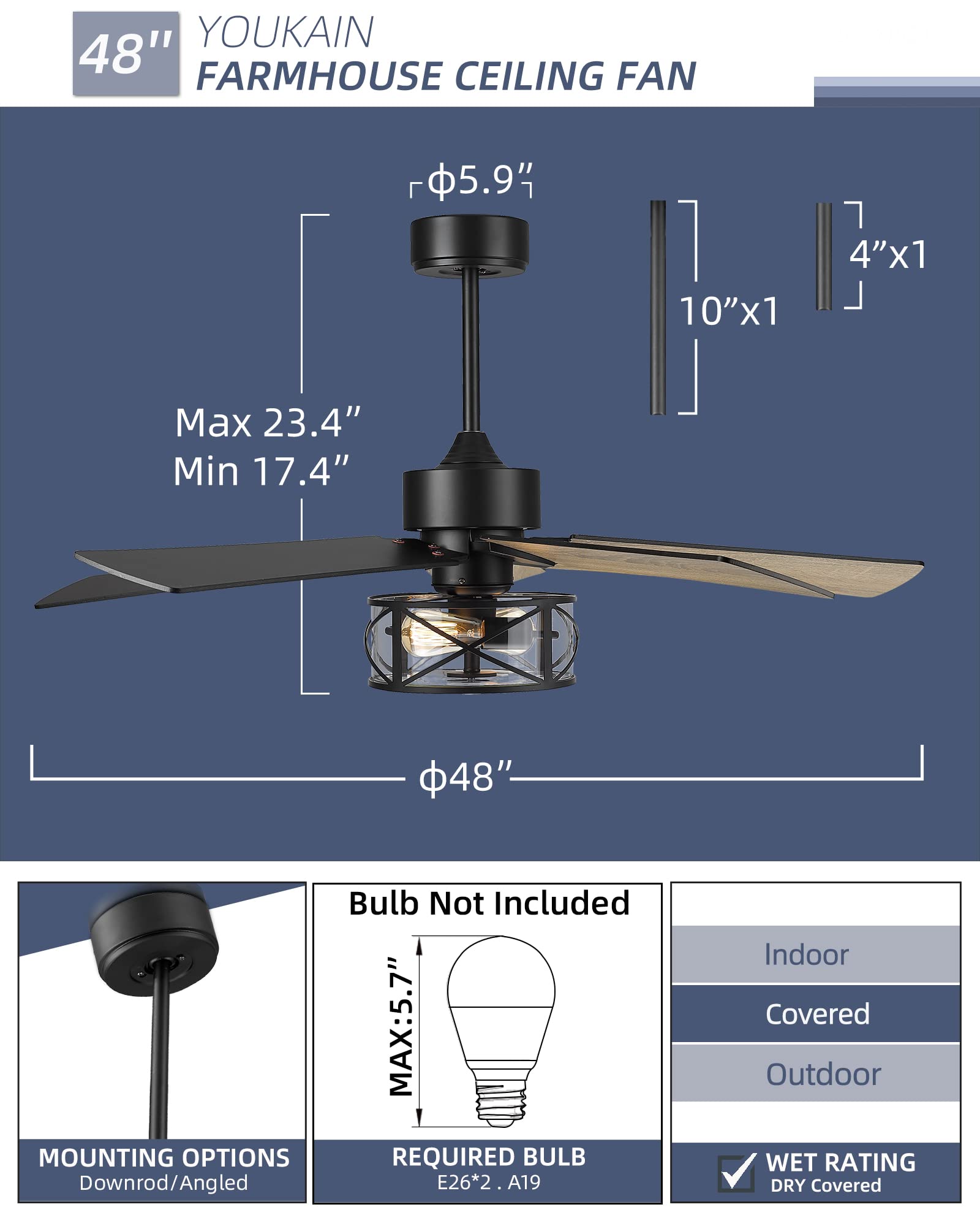 YOUKAIN Farmhouse Ceiling Fans, 48 Inch Industrial Ceiling Fan with Light and Remote Control, Clear Glass, 5-Reversible Blades with Matte Black/Wooden Finish, 52-YJ632