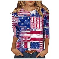 Women's American Flag Tshirt Casual 3/4 Sleeve Independence Day Print Round Neck Pullover Top 4Th of Blouse, S-2XL