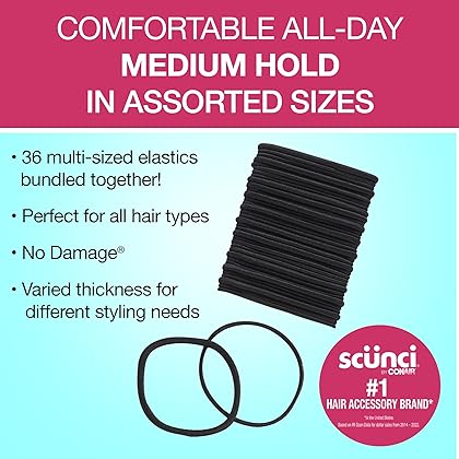 Scunci by Conair No Damage Assorted Sizes Elastics, for Women and Men, Elastic Hair Ties with No Damage in Black, 36 Pack