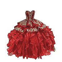 Sweetheart Satin Ruffles Asymmetrical Puffy Skirt Ball Gown Mexican Quinceanera Prom Dress Gold Embroidered 2024