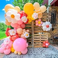 155Pcs Daisy Balloon Arch Garland Kit Macaron Pink Yellow Retro Orange White Heart Balloons with Plum Clip Daisy Shaped Flower for Two Groovy Party Decor Daisy Theme Wedding Birthday Mother’s Day