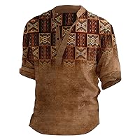 Men's Henley Shirts 2024 Long Sleeve Casual Henley T Shirt Retro Aztec Color Block Slim Fit Band Collar Shirts