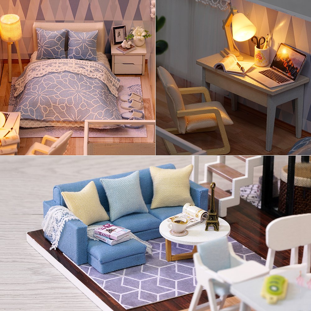 CUTEBEE Dollhouse Miniature with Furniture, DIY Wooden Dollhouse Kit Plus Dust Proof and Music Movement, 1:24 Scale Creative Room for Valentine's Day Gift Idea(Blue time)