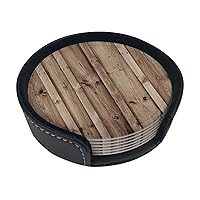 Wood Grain Print Leather Coaster Set of 6 Pieces,with Holder Round Heat-Resistant Drinks Coffee Decorative Coaster for Living Room Kitchen,4 in