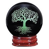 TUMBEELLUWA Natural Black Obsidian Crystal Ball with Wooden Stand Tree of Life Feng Shui Round Sphere Figurine for Home Office Decor, Green