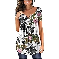 Easy Short Sleeve Autumn Top for Womens Homewear Long Buttons V Neck Womens Floral Loose Stretch Blouses