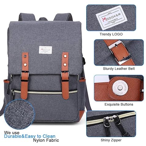 Vintage Laptop Backpack for Women Men,Travel Backpacks with USB Charging Port Fashion Backpack Fits 15.6Inch Notebook, Grey