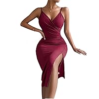 Women's Casual Ladies Comfort Dresses Ruched Split Thigh Cami Dress Leisure Perfect Comfortable Eye-catching (Color : Burgundy, Size : X-Large)