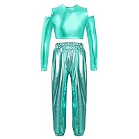 Girls Shiny Metallic Hip Hop Jazz Dance Clothes Suit Long Sleeve Crop Top with Jogger Pants Stage Performance Set