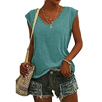 Summer Tops for Women 2024, Cap Sleeve Sexy V Neck Tank Tops Print Casual Shirts Loose Fit Basic Blouse with Pocket