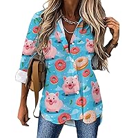 Pig and Doughnut Women's Button Down Shirts Long Sleeve Blouses V Neck Casual Tunics Tops