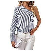 Floerns Women's Casual Striped One Shoulder Long Sleeve Blouse Asymmetrical Neck Top