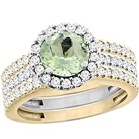 10K Gold Natural Green Amethyst 3-Piece Ring Set Two-tone Round 6mm Halo Diamond, sizes 5-10