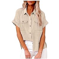 Off The Shoulder Tops for Women,Linen Shirts for Women Short Sleeve Button Down V Neck Collared Blouse Summer Dressy Solid Color Tops Women Short Blouse