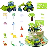 RAYNAG 19 Pieces Dinosaur Building Truck Cake Topper, Dino Vehicles Cake Decoration Set, Dinosaur Forklift Birthday Party Supplies, Excavator Traffic Road Sign Cake Topper for Kids Party Baby Shower