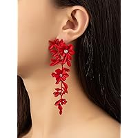 Earrings for Women- Rhinestone Decor Flower Drop Earrings Birthday Valentine's Day (Color : Red, Size : One-Size)