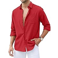 Men's Loose-Fit Long-Sleeve Untucked Cotton Linen Business Casual Button Down Shirt with Pocket