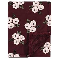 Hudson Baby Unisex Baby Plush Blanket with Furry Binding and Back, Burgundy Floral, One Size