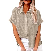 Women's Button Down Shirts Cotton Short Sleeve Blouses V Neck Collared Tunics Casual Solid Color Tops with Pocket