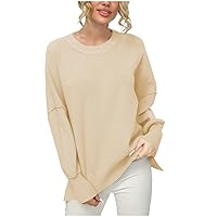 Womens Oversized Sweaters Casual Long Sleeve Knit Crewneck Pullover Cozy Fashion Fall Outfits Side Slit Loose Cute Tops