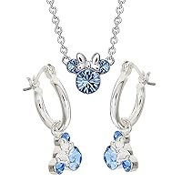 Disney Minnie Mouse December Birthstone Jewelry Set with Silver Plated Light Sapphire Crystal Pendant Necklace and Hoop Earrings