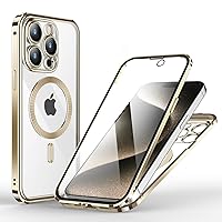 Phone Case for iPhone 15 Pro Front and Back Protection Magnetic Compatible with Magsafe Metal Bumper Glass Screen Protector Double Sided Cover with Camera Lens Protector - Gold