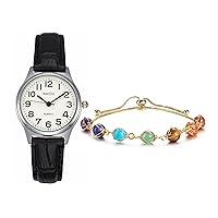 MANIFO Women’s Classical Arabic Numerals Analog Quartz Wrist Watch Bundle with 7 Chakra Healing Crystal Gemstone Adjustable Link Bracelets