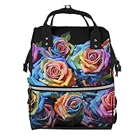 Multicolor Roses on Black Background Print Diaper Bag Multifunction Laptop Backpack Travel Daypacks Large Nappy Bag