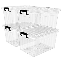 Plastic Storage Bin Box Stackable and Nestable with Lid and Secure Latching Buckles, Clear, 18Qt x 4, Pack of 4