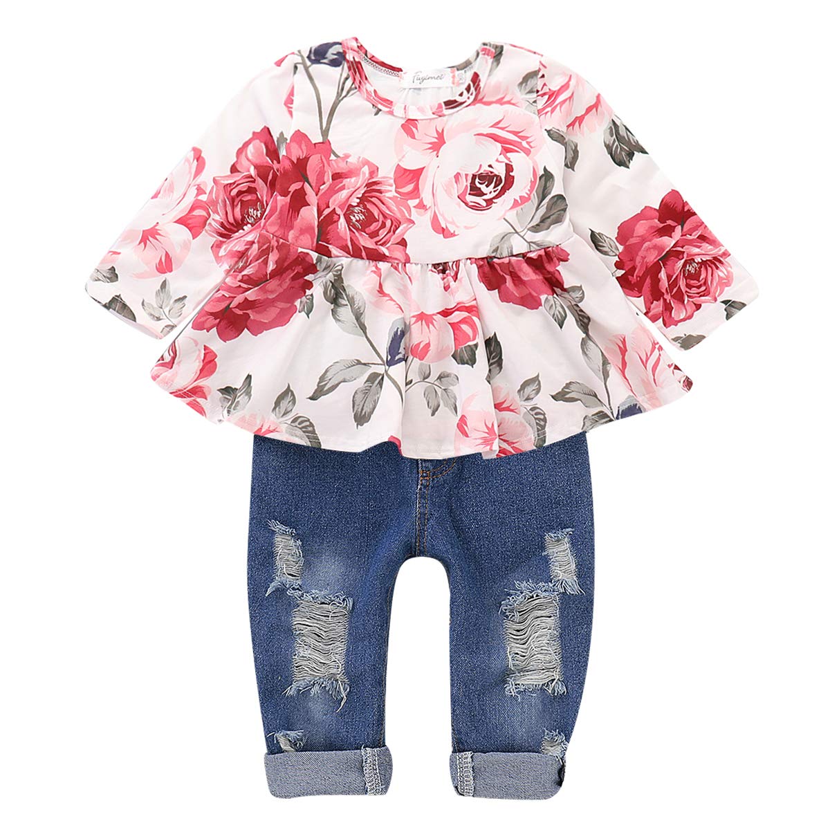 CARETOO Girls Clothes Outfits, Cute Baby Girl Floral Short Sleeve Pant Set Flower Ruffle Top